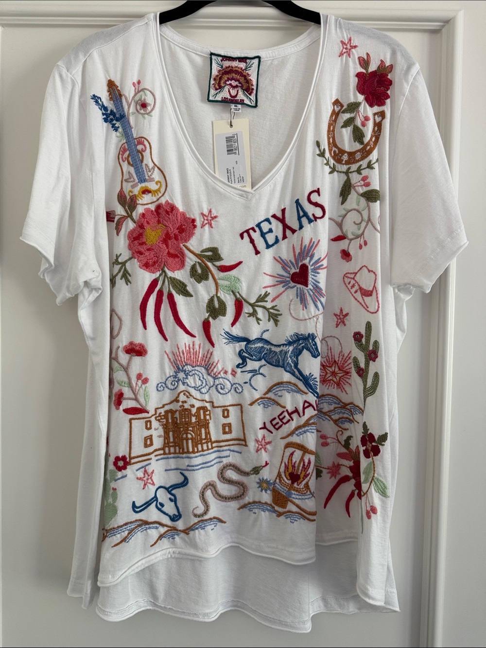 Johnny Was White V-Neck Tee with Colorful Texas Embroidery - Picture 3 of 5